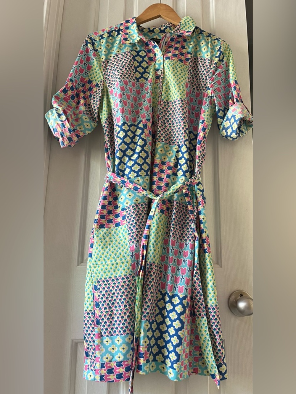 Talbots Multicolor Patchwork Shirt Dress in Pink, Blue, Green & Cream